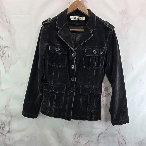 Vintage Y2K Jacket Womens Medium Black Corduroy Coat Plugg 90s - Picture 1 of 10
